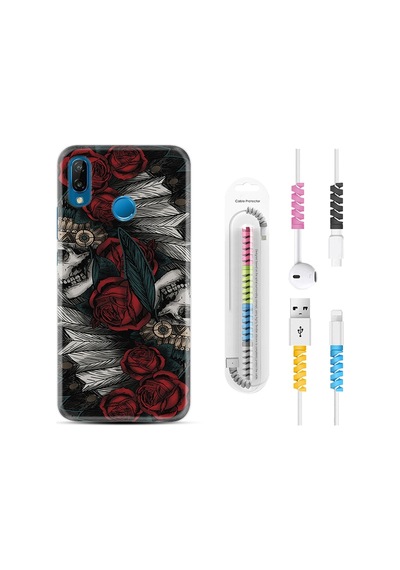 Huawei P20 Lite Kılıf Kablo Koruyuculu Skull Rose 1673