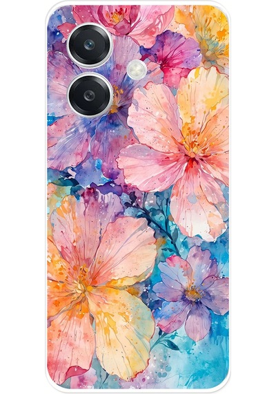 Oppo A3 Uyumlu Renkli Çiçekler Sulu Boya Baskılı Silikon Kılıf Renkli