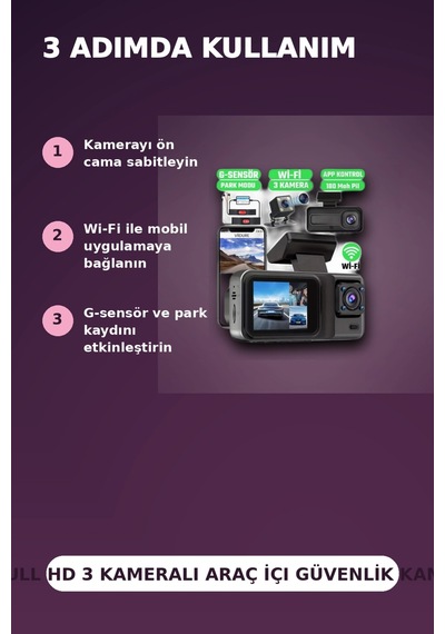 1080p Full Hd 3 Kameralı Wi-fi Bağlantılı Araç İçi Kayıt Cihazı Ve Park Kamerası Seti