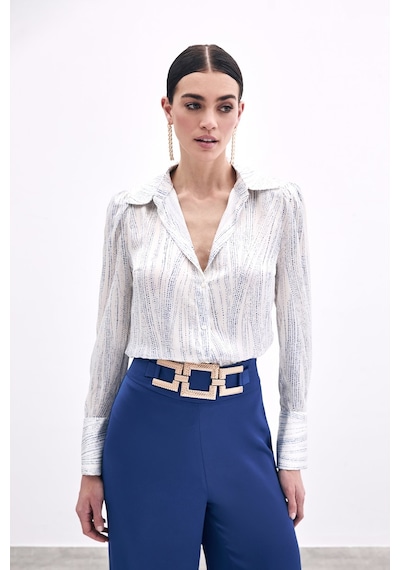 Sateen Geniş Manşetli Gömlek - Ekru-mavi-135964 Ekru-mavi Ekru - Mavi