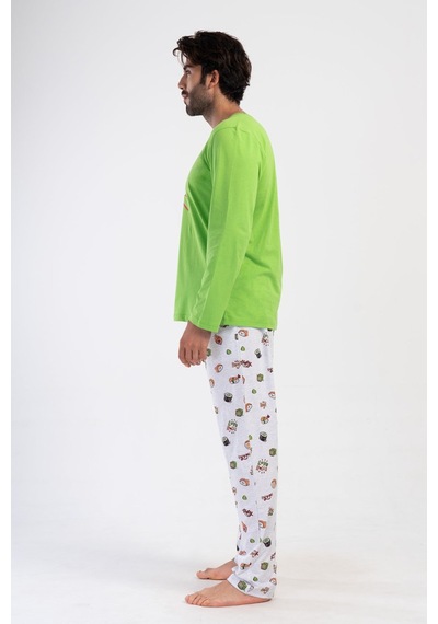 Yake Store Ceplı Erkek P.suprem O Yaka Uzun Kol Pıjama Takım - Brıght Green Yeşil