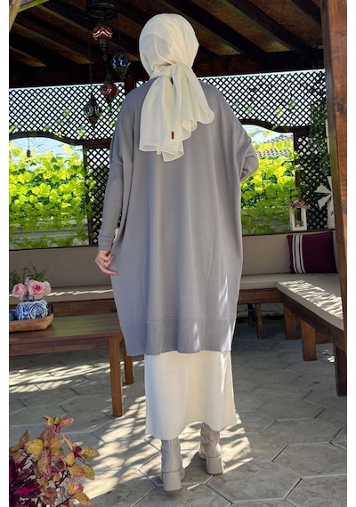Rabia Şamlı Melda Triko Tunik Gri Çok Renkli