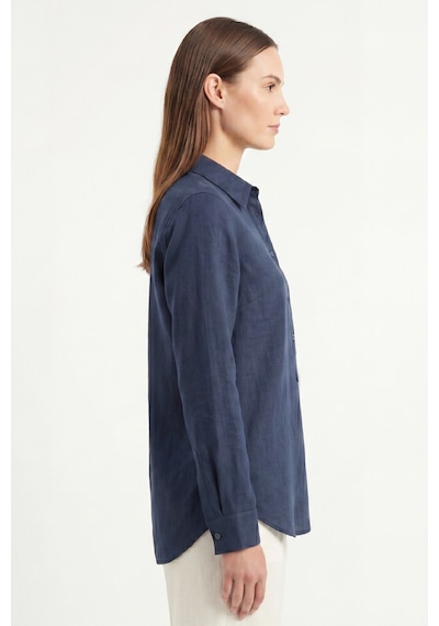 Goffra Kadın Solo %100 Doğal Keten Gömlek -- Klasik Yaka Basic Minimalist Tasarım Lacivert W208-k0401-03