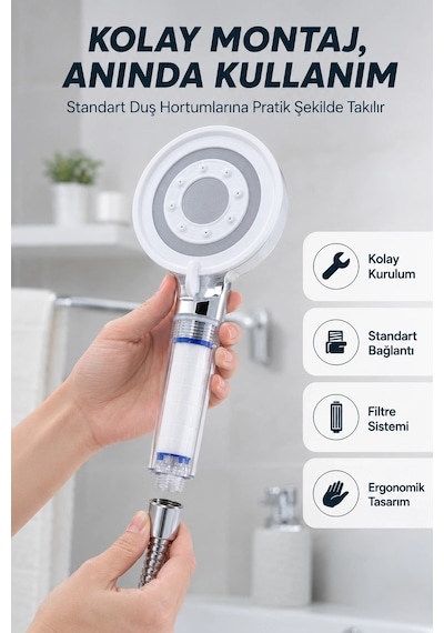 Mey İthalat Filtre Hazneli Basınç Artırıcı Duş Başlığı Kireç Filtreli El Duşu Çok Renkli