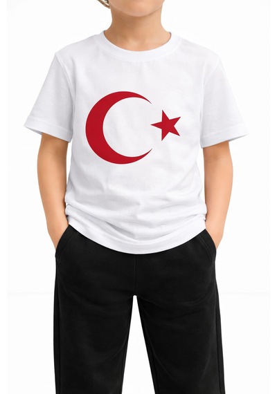 Lollico Türk Bayrağı Baskılı Çocuk Tişörtü %100 Pamuk Beyaz