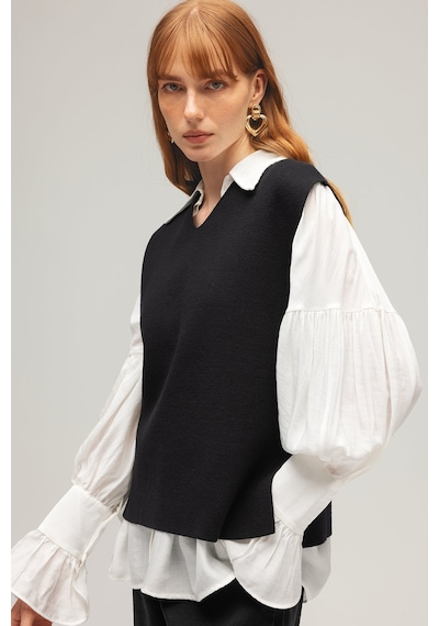 Saade Kadın V Yaka Oversize Triko Süveter Yan Yırtmaçlı Tasarım Siyah