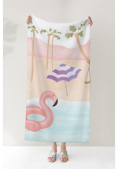 Flamingo Tropikal Palmiyeli Çocuk Plaj Havlusu - Pastel Pembe Modern Hızlı Kuruyan Mikrofiber Havlu Çok Renkli
