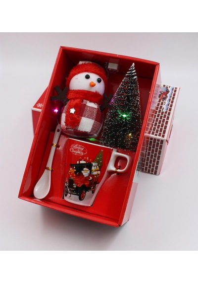 Özel Işıklı Hediye Kutusunda Yılbaşı Figürü & Masaüstü Çam Ağacı & Kupa & Kaşık Yeni Yıl Noel Premium Hediye Seti