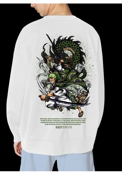 Unisex Beyaz Zoro Baskılı Hoodie Oversize Kapşonsuz Sweatshirt Beyaz