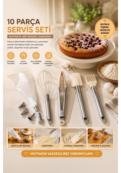Porsima 3160 10 Parça Pasta Ve Tatlı Servis Seti Kek Pasta Şekillendirme Seti Beyaz Beyaz