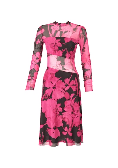 Explosion Uzun Kol Midi Şeffaf Elbise - Çiçek Desenli - Bohemian Stil Fuşya