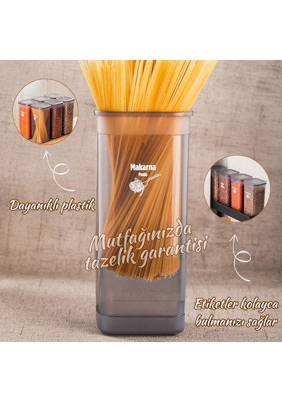 Porsima 432 Gr 6 lı Etiketli Kare Un Erzak Bakliyat Saklama Kabı Takımı Seti 1.70 Lt - Gri