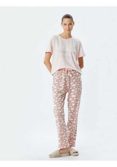 Koton Örgü Pijama Takımı Bulut Baskılı Pamuklu Rahat Kalıp Lila 5wlk40056mk LILA