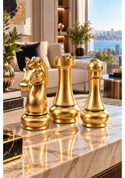 3 Lü Gold Satranç Taşı Dekoratif Biblo Seti 22 Cm Lüks Modern Ev Ve Ofis Dekoru