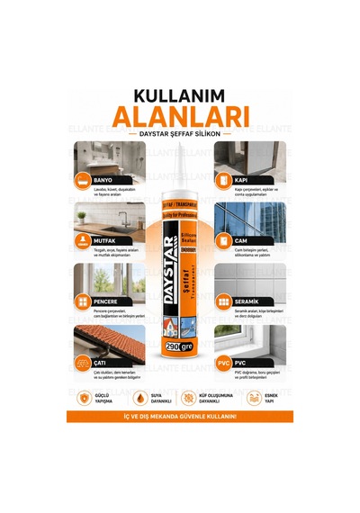 Daystar Şeffaf Silikon Mastik 290 Gr Güçlü Yapışma Suya Dayanıklı Banyo Mutfak Cam Pvc İç Ve Dış Mek Çok Renkli