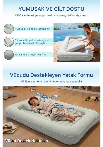 Livenzi Nature Çocuk Şişme Yatak & Yastık + Manuel Şişirme Pompası 160 105 24 Cm Bej