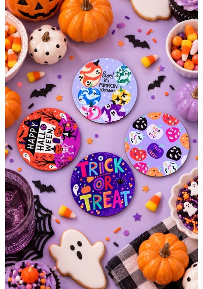 Trick Or Treat Renkli Halloween Temalı 4 Lü Bardak Altlığı Set 9 Cm, 3 Mm Ahşap Mdf, Dijital Baskı - 933735897 Diğer