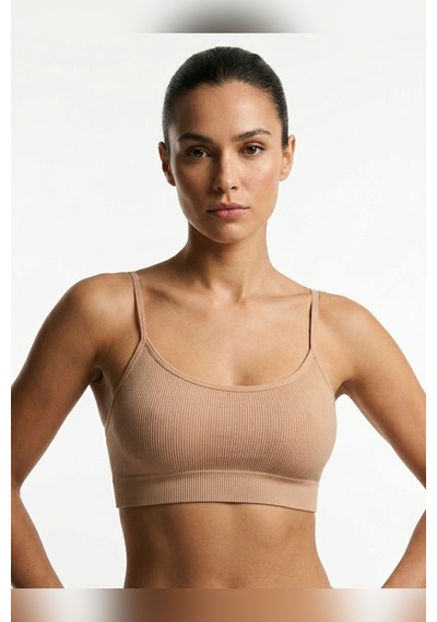 Mataş Kadın İnce İp Askılı Pedli Fitilli Pamuklu Büstiyer Crop Bralette Bej