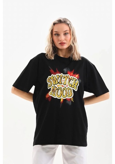 Kadın Kısa Kol Yazlık Tişört Bisiklet Yaka Ejderha Baskılı T-shirt - Siyah