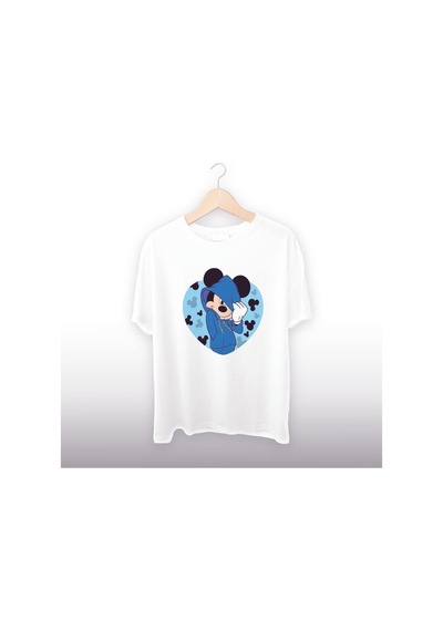 Mickey Mouse Mavi Sweat Detaylı Unisex Tişört Beyaz