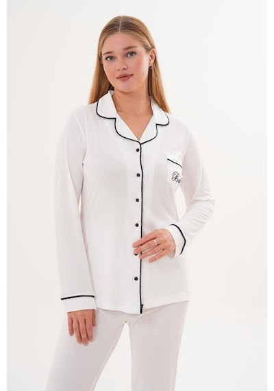 Mecit Pijama Mecit 6307 Ekru Boydan Düğmeli Kadın Pijama Takımı Ekru