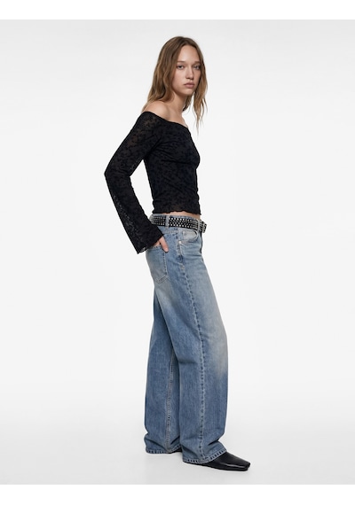 Koton Uzun İspanyol Kollu Slim Fit Omzu Açık Tül Dantelli Tişört Siyah 6wal10661ık