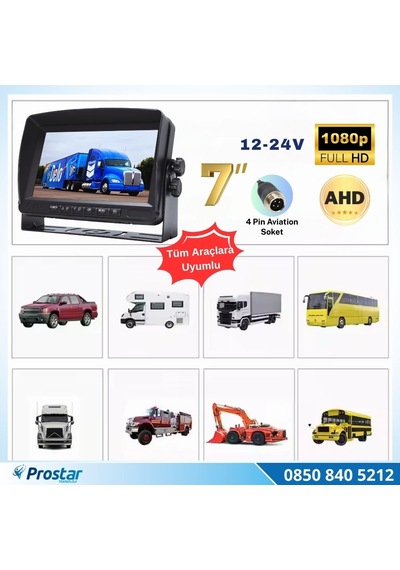 Kayıtlı 7 İnç 4 Kanal Full Hd Quad Ahd/analog 4 Pin Araç Monitörü 256 Gb Sd Kart Destekli 12-24v