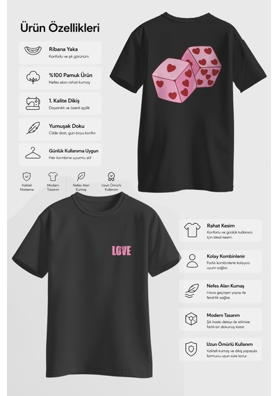 Spoyi Aşk Zarları Tasarımlı %100 Pamuk Yarım Oversize Siyah T-shirt