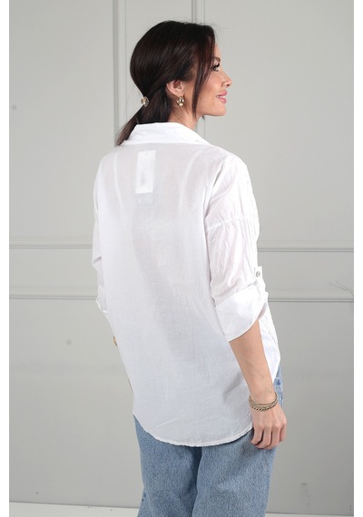 By Saygı Kadın Çiçek Nakış İşlemeli İtalyan Cotton Gömlek Ekru