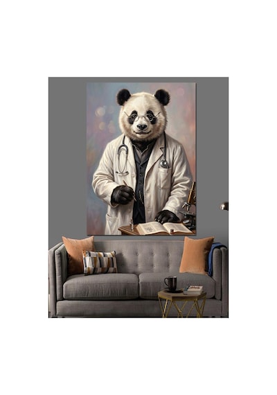 Doktor Önlüğü Giymiş Bilge Panda Yağlı Boya Dokulu Kanvas Tablo Canvas Tablosu