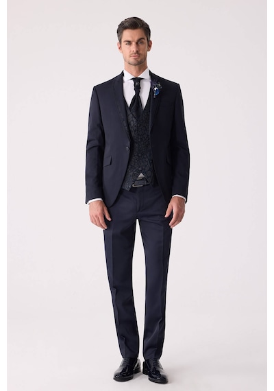 Ysf Erkek Lacivert Çıkma Şal Yaka Slim Fit Damatlık