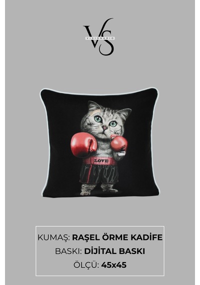 Kırlent Kılıfı Boksör Kedi Desenli 45x45 Raşel Örme Kadife Çift Taraflı Dijital Baskı Beyaz Biyeli Çok Renkli