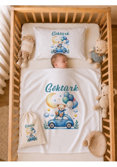 İsim Baskılı Erkek Bebek Hediye Seti Çift Kat Penye Battaniye Yastık Kılıfı Ham Bez Kıyafet Kesesi %100 Pamuk 1056ybkyx Krem