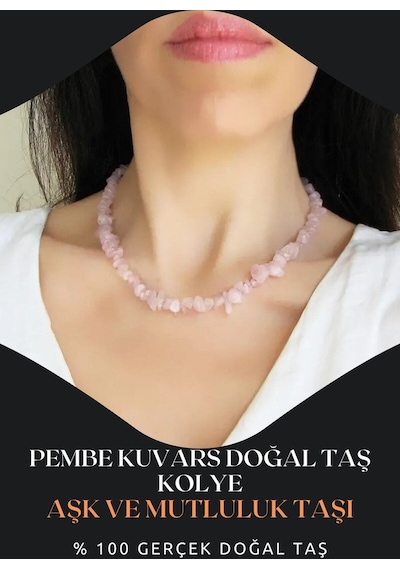 Pembe Kuvars Doğal Taş Kolye Aşk , Bolluk Ve Şans Aa Kalite 45 Cm Mavi - Turuncu