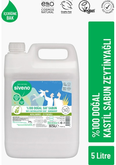 Siveno %100 Doğal Sıvı Kastil Sabun Zeytinyağlı Yoğun Nemlendirici Bitkisel Vegan 5 L