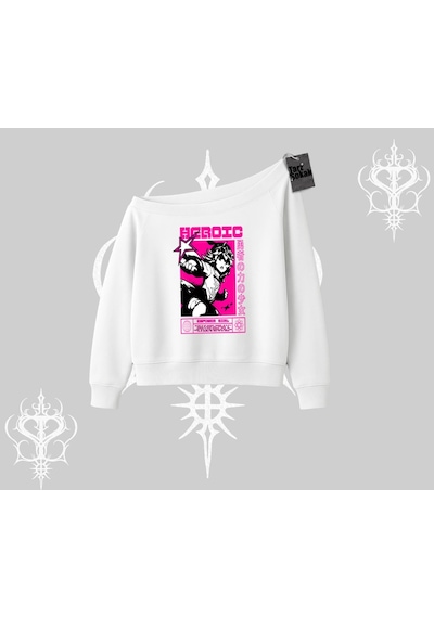 Startmore Kayık Yaka Sweatshirt Heroic Anime Girl Japon Stil Grafik Baskılı Beyaz
