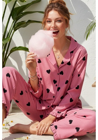 Siyah İnci Bürümcük-krınkıl Uzun Kollu Düğmeli Pijama Takım 7993 Pembe Siyah Kalp