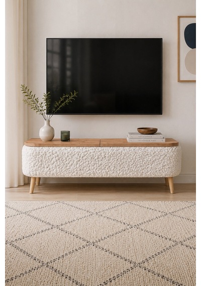 Sandıklı Tv Ünitesi Teddy Kumaş Kaplamalı Ahşap Ayaklı Modern Tv Ünitesi Sarven Beyaz