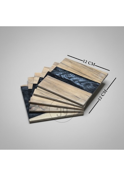 Ceviz & Siyah River Epoksi Bardak Altlığı Seti 6 Lı, El Yapımı Ceviz Ahşap, 12x12 Cm, Modern & Şık Tasarım Siyah