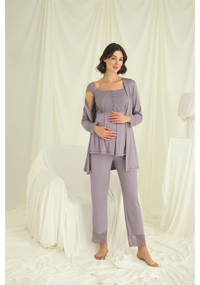 L'ombre Dantelli Önü Düğmeli Hamile Lohusa 3lü Pijama Takımı