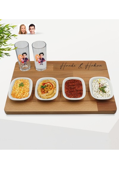 Kişiye Özel Sevgililer Karikatürlü 2’li Rakı Bardağı Ve Meze Tabağı