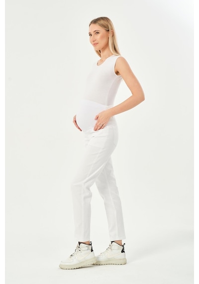 Busa Hamile Esnek Karın Bantlı Beli Ayarlanabilir Mom Fit Kot Pantolon Beyaz-beyaz