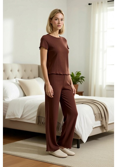 Benerly Kadın Bisiklet Yaka Kısa Kol Regular Kalıp Çiçekli Pijama Takımı Kahverengi
