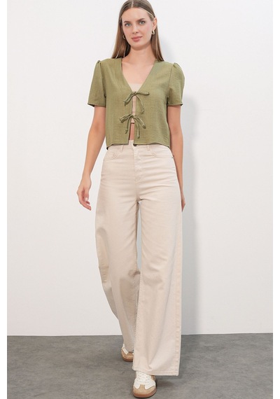 Hiccup Bdart Dokulu V-yaka Keten Karışımlı Crop Top Haki