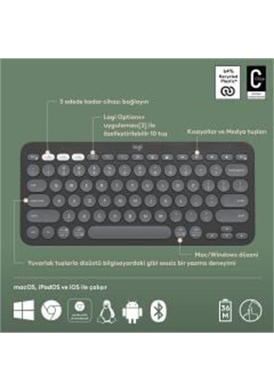 Logıtech K380s Pebble Keys 920-011859 2 Çoklu Cihaz Özellikli Bluetooth Türkçe Q Klavye Gri