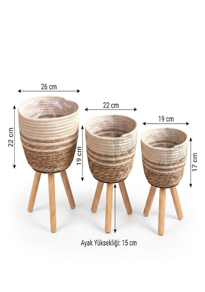 Ahşap Ayaklı Hasır Saksı Sepeti 3'lü Set Dekoratif Çiçeklik Krem