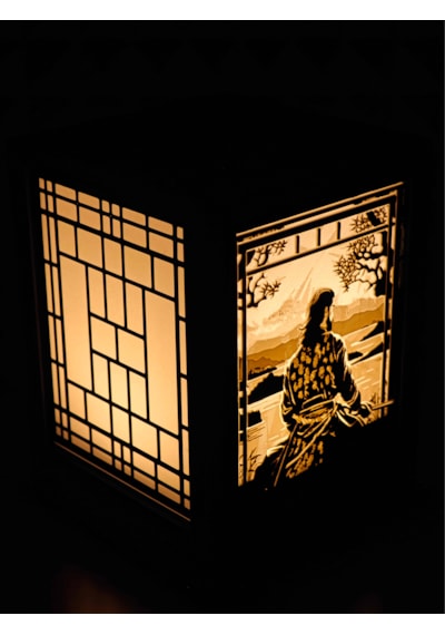 Serie Lumina Shoji Masa Ve Gece Lambası - Samuray Figürü Klasik Zen Kafes Japon Feneri Sıcak Led Ambiyans Işığı Siyah