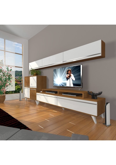 Decoraktiv Ekoflex 8 Mdf Retro Tv Ünitesi Tv Sehpası - Ceviz Beyaz Ahşap - Beyaz