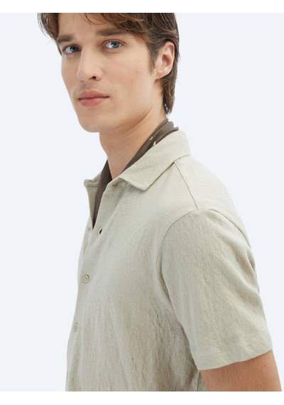 Kip Bej Düz Regular Fit Casual Pamuk Karışımlı Gömlek Bej