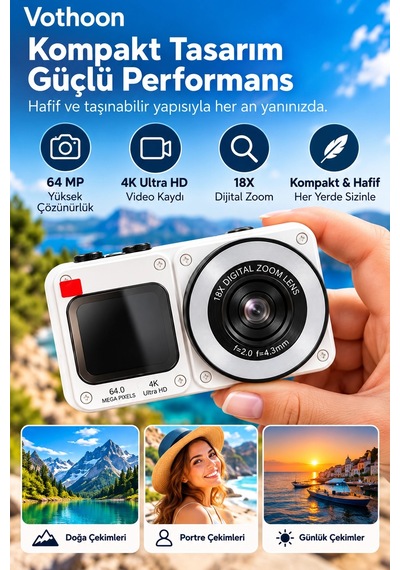 4k Dijital Fotoğraf Makinesi 18x Dijital Zoom 64 Mp Ön Ve Arka Ekranlı Kompakt Kamera Beyaz